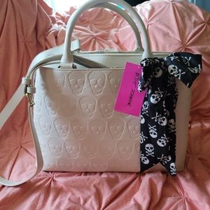 Betsey Johnson Skull Embossed Satchel bag CREME